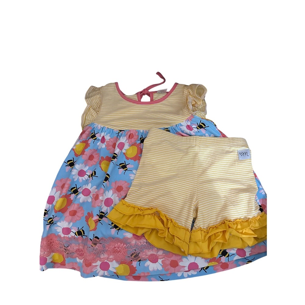Love Millie Clothing Co. Girls Yellow Stripe Bee Daisy Dress Shorts Set Size 6‎